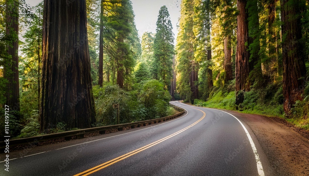 winding road through a majestic redwood forest winding road through a majestic redwood forest