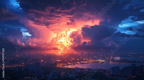 A thunderstorm and lightning struck over a city, city at night and lightning in the sky
