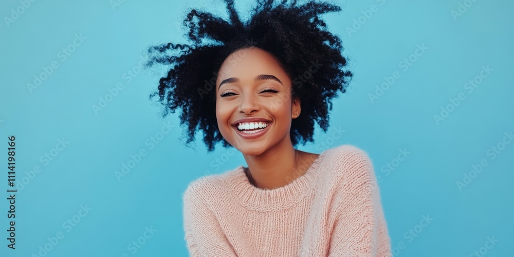 woman smiling in pastel-colored sweater blue background soft lighting cheerful and natural mood woman smiling in pastel-colored sweater blue background soft lighting cheerful and natural mood