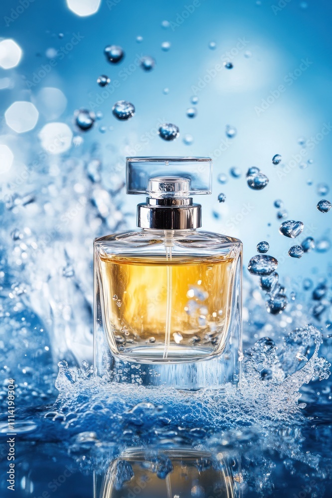 Luxurious perfume with golden liquid and blue splashes