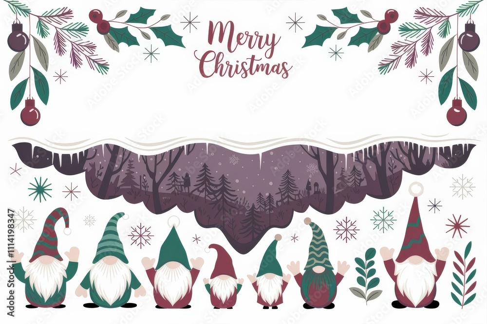 Fototapeta premium Whimsical Christmas Gnomes Snowy Scene Holiday Cards