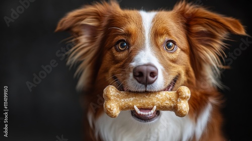 Dog is holding a bone in its mouth. The dog is smiling and he is happy