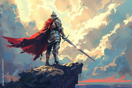 A valiant knight in shining armor standing on a hilltop with a sword.