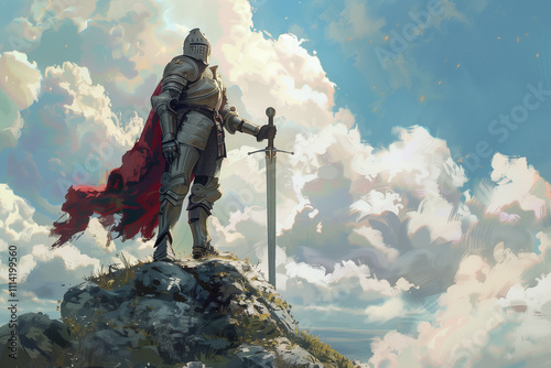 A valiant knight in shining armor standing on a hilltop with a sword.