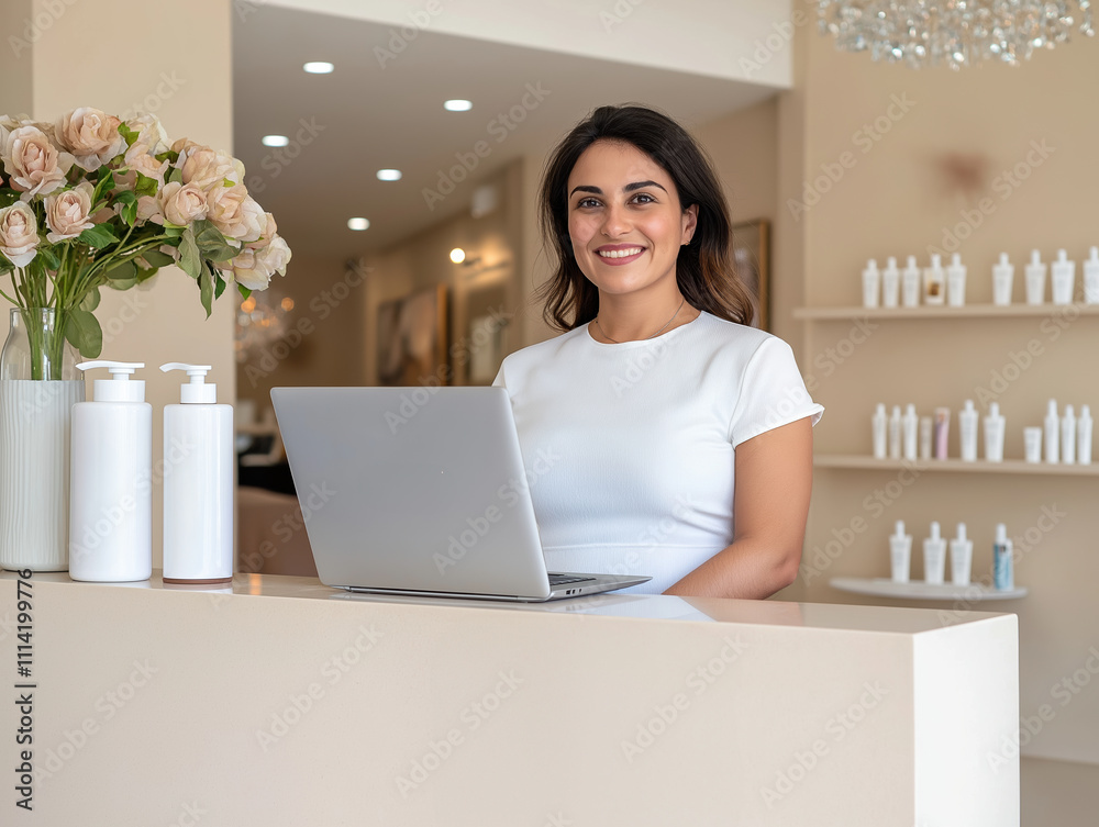 Beauty salon receptionist smiling modern spa professional environment close-up Beauty salon receptionist smiling modern spa professional environment close-up