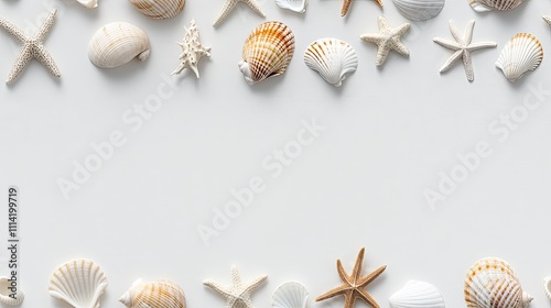 Small seashells and starfish arranged in a flat lay composition evoke a summer beach theme against a white background SEAMLESS PATTERN photo