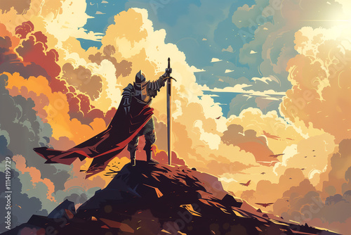 A valiant knight in shining armor standing on a hilltop with a sword. photo