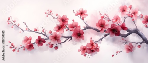 Elegant banner with plum blossoms on a pale lavender solid background. Horizontal wide web Chinese New Year backdrop with copy space, social media template, traditional festive elements photo