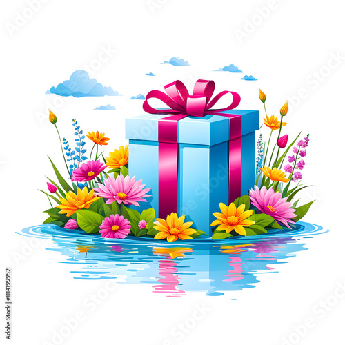 illustration of Gift Box near river surrounded by colorful flowers on white background.