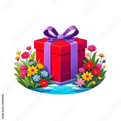 illustration of Gift Box near river surrounded by colorful flowers on white background.