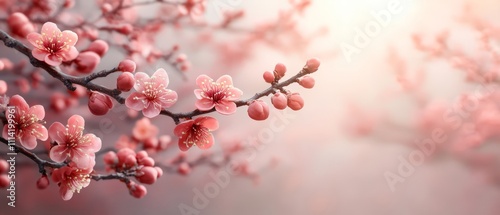 Elegant banner with plum blossoms on a pale lavender solid background. Horizontal wide web Chinese New Year backdrop with copy space, social media template, traditional festive elements photo