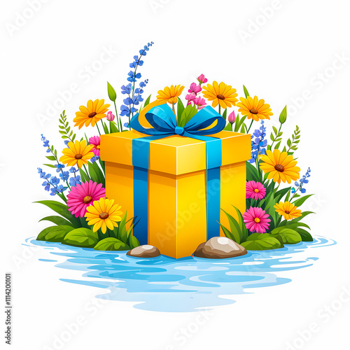 illustration of Gift Box near river surrounded by colorful flowers on white background.