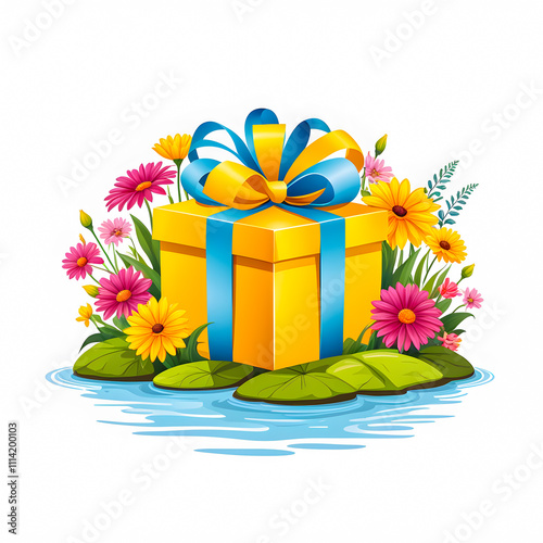 illustration of Gift Box near river surrounded by colorful flowers on white background.