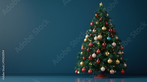 Wallpaper Mural A beautifully decorated Christmas tree with colorful ornaments stands against a solid blue wall, evoking festive cheer and holiday spirit. Torontodigital.ca