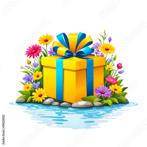 illustration of Gift Box near river surrounded by colorful flowers on white background.