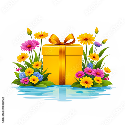 illustration of Gift Box near river surrounded by colorful flowers on white background.