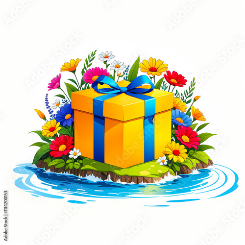 illustration of Gift Box near river surrounded by colorful flowers on white background.