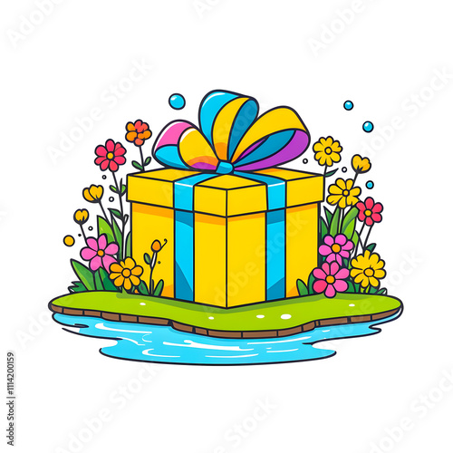 illustration of Gift Box near river surrounded by colorful flowers on white background.
