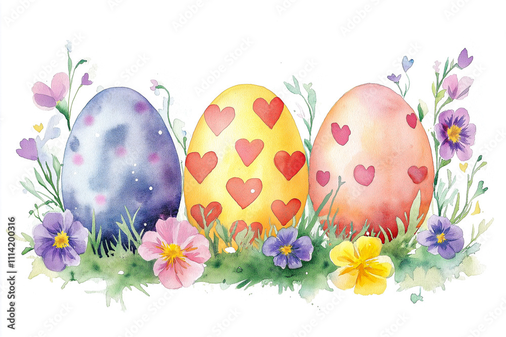 Watercolor painting of cute Easter eggs surrounded by flowers on a white background. for the background. for banners. Easter. Watercolor painting of cute Easter eggs surrounded by flowers on a white background. for the background. for banners. Easter.