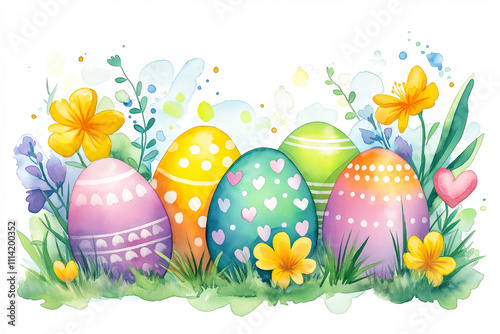 Watercolor painting of cute Easter eggs surrounded by flowers on a white background. for the background. for banners. Easter.