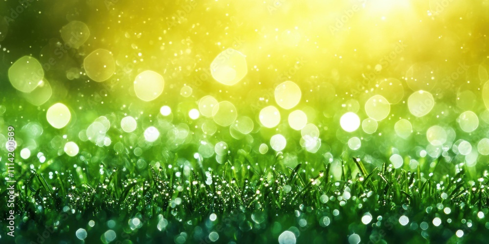 Sunlit morning dew on grass blades sparkling water droplets with a vibrant green background and natural highlights Sunlit morning dew on grass blades sparkling water droplets with a vibrant green background and natural highlights