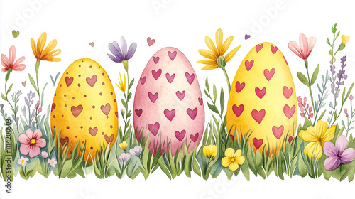 Watercolor painting of cute Easter eggs surrounded by flowers on a white background. for the background. for banners. Easter.