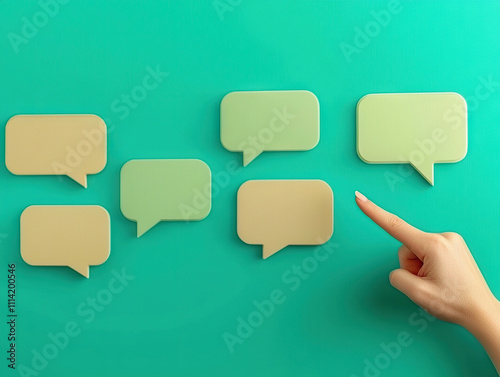 Hand pointing at speech bubbles on green background symbolizes communication and interaction