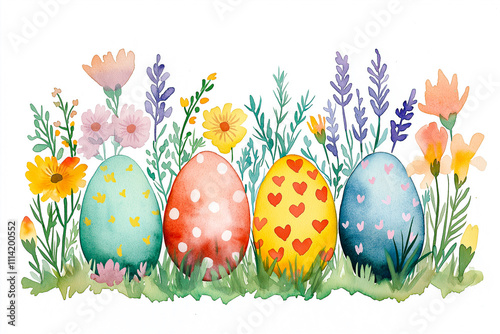 Watercolor painting of cute Easter eggs surrounded by flowers on a white background. for the background. for banners. Easter.