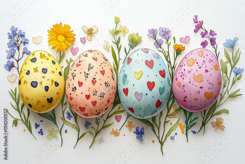 Wallpaper Mural Watercolor painting of cute Easter eggs surrounded by flowers on a white background. for the background. for banners. Easter. Torontodigital.ca