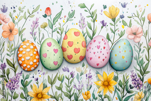 Watercolor painting of cute Easter eggs surrounded by flowers on a white background. for the background. for banners. Easter.