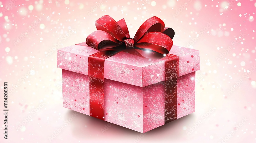 Pink Gift Box with Red Ribbon on Sparkling Background Pink Gift Box with Red Ribbon on Sparkling Background