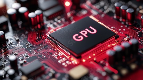 GPU text on red circuit board design technology graphics processing unit futuristic semiconductor electronics digital computing hardware photo