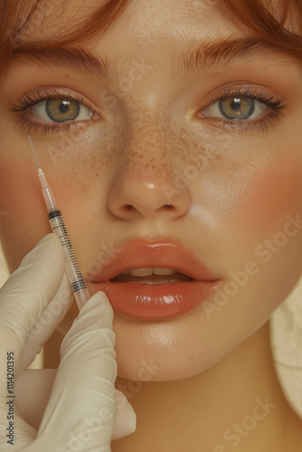 a woman undergoes a lip augmentation procedure. for advertising. for the banner.