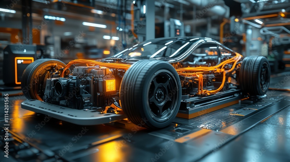 Fototapeta premium High-tech car battery with orange cables, symbolizing innovation in energy storage