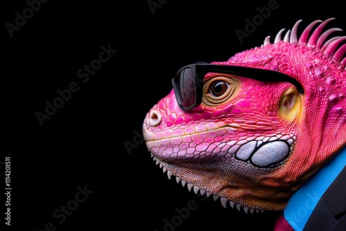 Lizard wearing glasses and a pink shirt. The lizard is looking at the camera. The image has a playful and whimsical mood photo