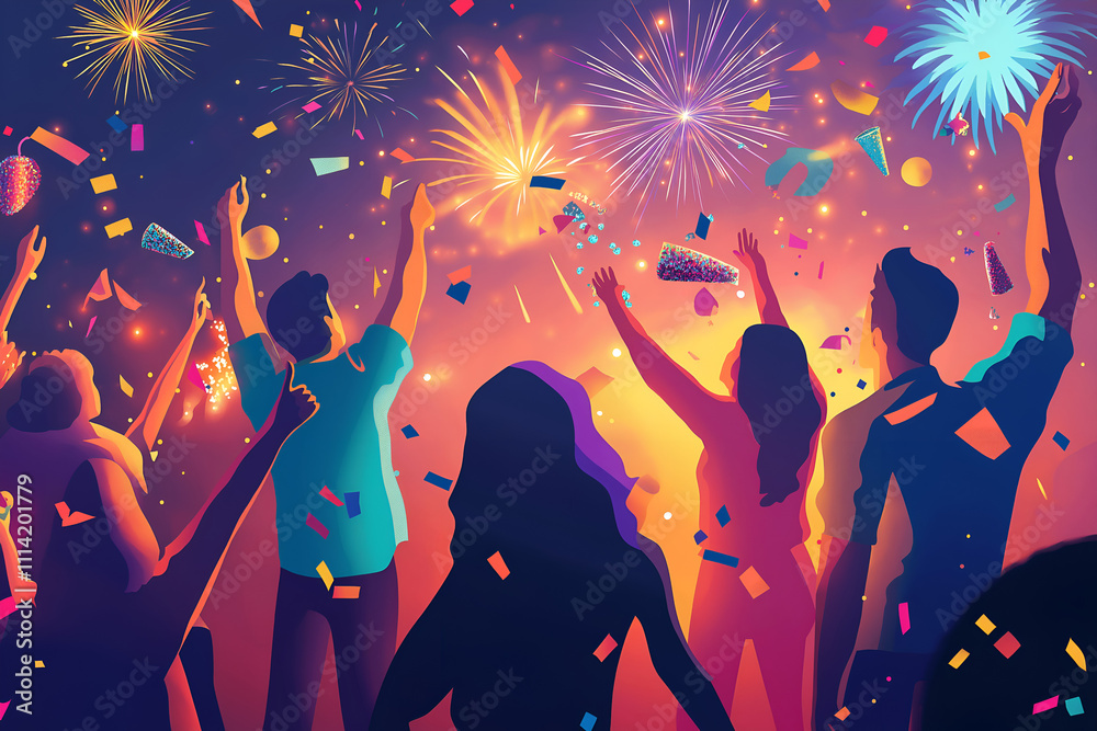 Festive party scene with fireworks, confetti, and people celebrating the start of a new year Festive party scene with fireworks, confetti, and people celebrating the start of a new year