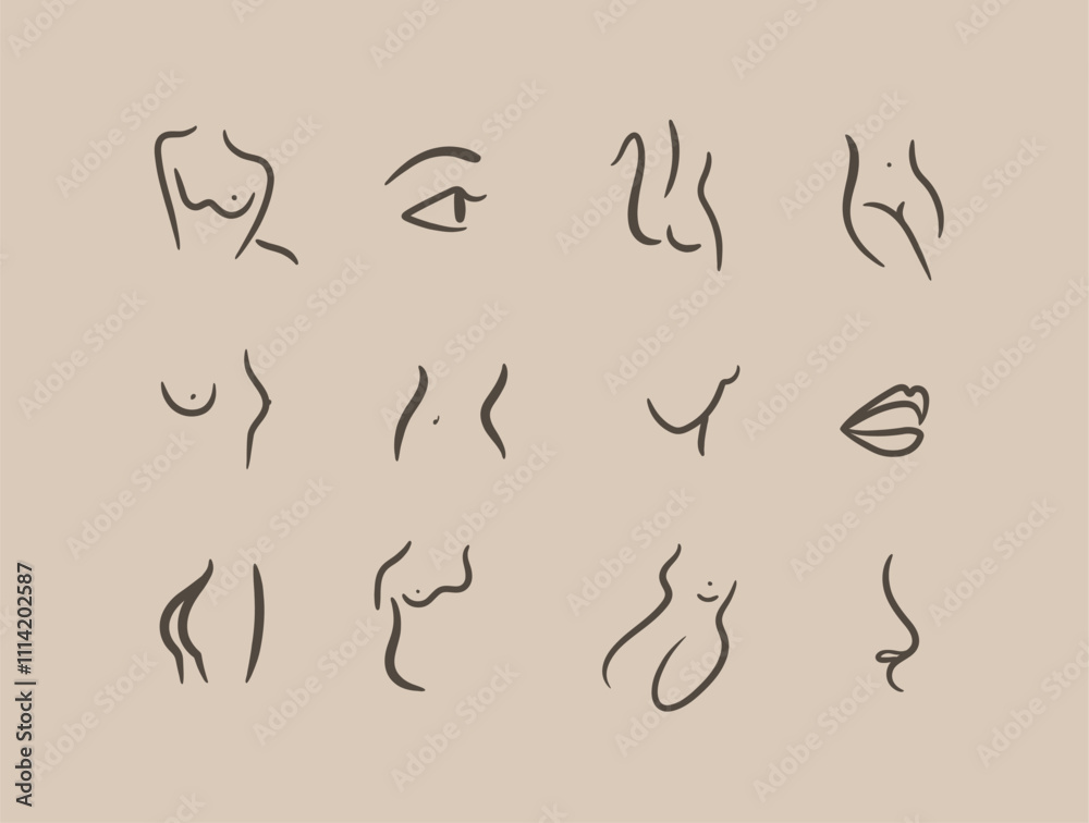 Body parts drawing in linear art style with brown on coffee color background