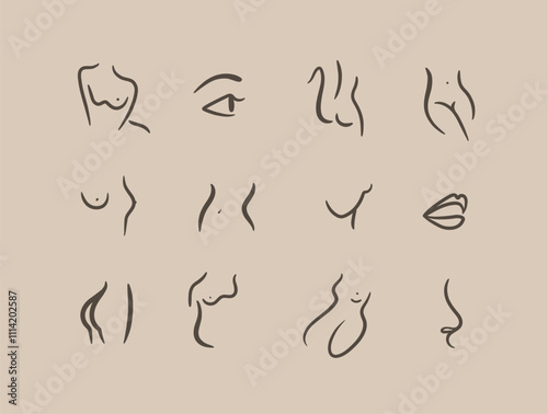 Obraz na płótnie Body parts drawing in linear art style with brown on coffee color background w salonie