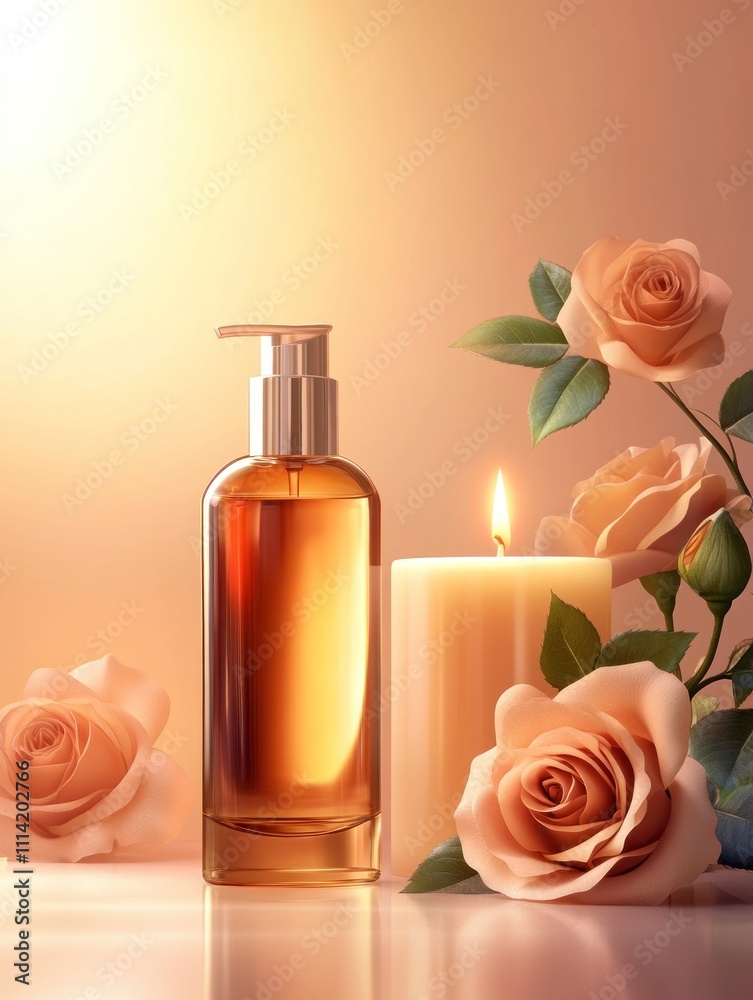 Elegant bottle with roses and candle in soft light Elegant bottle with roses and candle in soft light