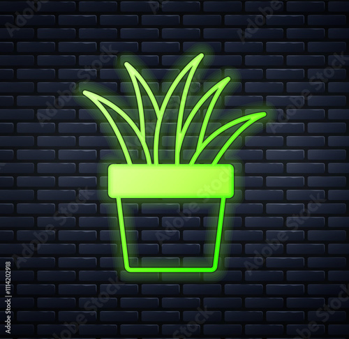 Glowing neon Plant in pot icon isolated on brick wall background. Plant growing in a pot. Potted plant sign. Vector