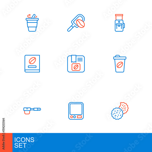 Set line Cookie or biscuit, Electronic coffee scales, Coffee filter holder, cup to go, book, Bag beans, Electric grinder and Spatula with grain icon. Vector