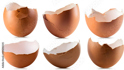Collection of cracked egg shells isolated on white background