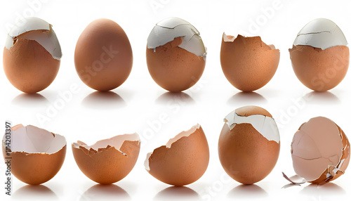 Collection of cracked egg shells isolated on white background photo