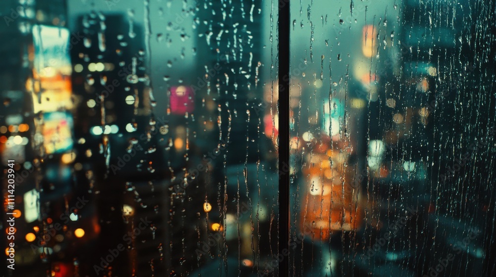 Fototapeta premium Urban night view with rain-soaked window showcasing city lights and reflections in a vibrant atmosphere