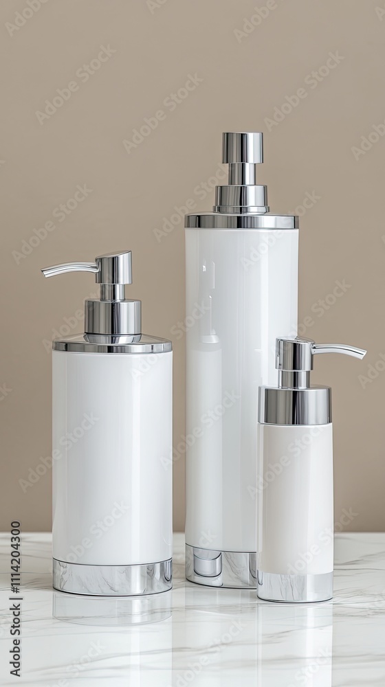 Elegant arrangement of white cosmetic bottles, towels, and blooming flowers on a marble table, perfect for branding design mockups Elegant arrangement of white cosmetic bottles, towels, and blooming flowers on a marble table, perfect for branding design mockups