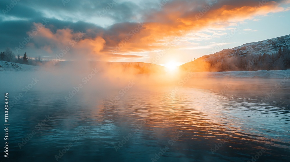 Fototapeta premium Steam rising from water at sunrise in a serene natural landscape
