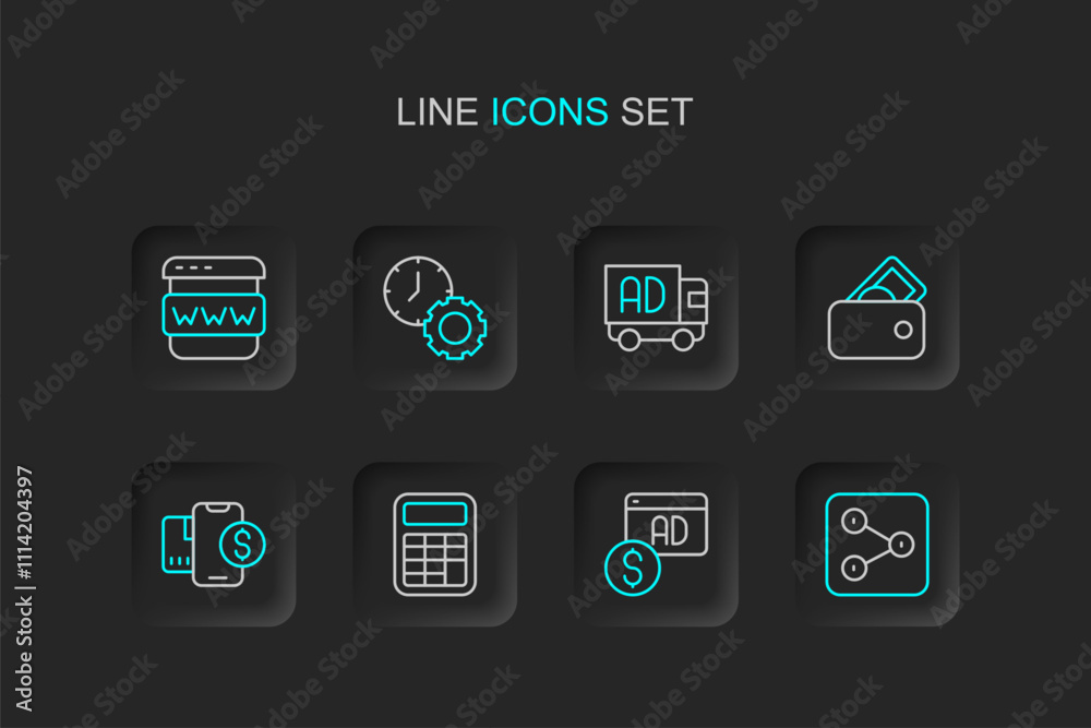 Set line Share, Advertising, Calculator, Mobile with dollar, Wallet money, truck, Time management and Browser window icon. Vector Set line Share, Advertising, Calculator, Mobile with dollar, Wallet money, truck, Time management and Browser window icon. Vector