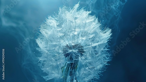 Dew-Kissed Dandelion Seed Head in a Blue Haze