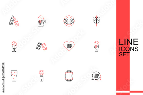 Set line Wooden beer mug, barrel, Bottle opener, Glass of, Heart with glass, Beer can and icon. Vector