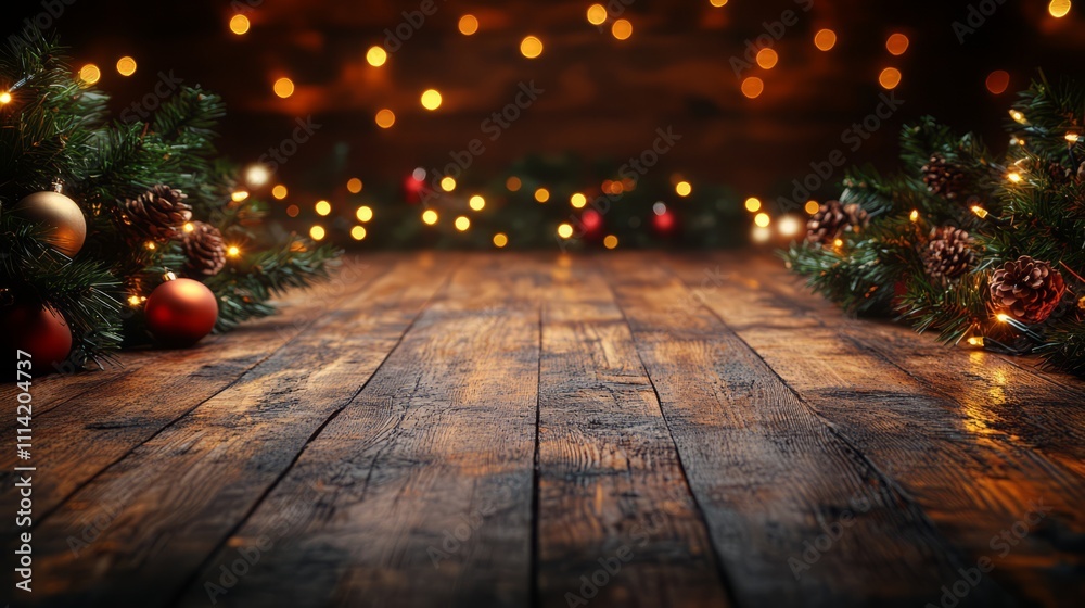 Rustic wooden background with an aerial view of a lighted garland on the edges and in front of it, warm tones, cozy, beautiful wood texture, wooden floor, large empty space for text Rustic wooden background with an aerial view of a lighted garland on the edges and in front of it, warm tones, cozy, beautiful wood texture, wooden floor, large empty space for text